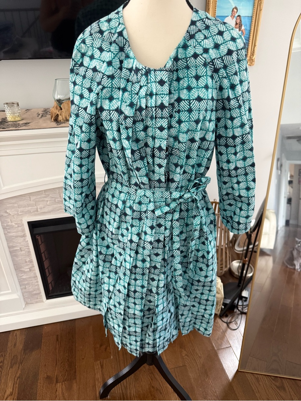 Brooks Brothers Teal and Navy Geometric Tie-Waist 3/4 Sleeve Dress